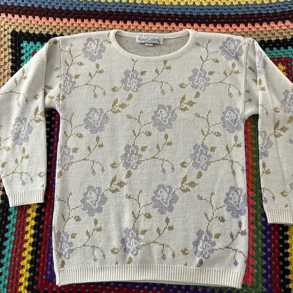 Vintage 80s Kate Collins Floral Metallic Pattern Wide Crewneck Knit Swea… - Picture 6 of 10